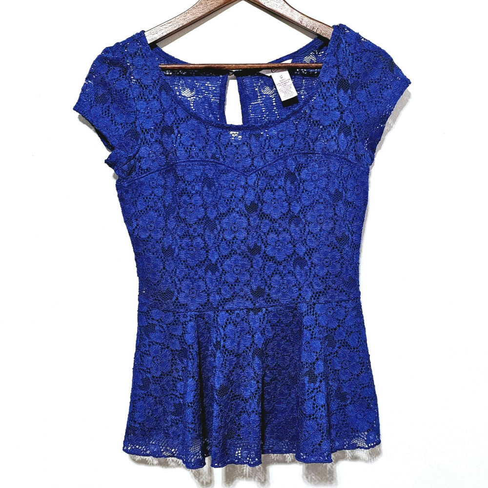 Candies Lace Peplum Top Womens Size Small Blue Short Sleeve Coquette Romantic